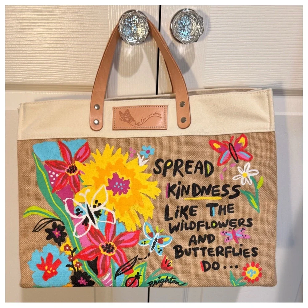 New! BRIGHTON Artful Heart Totes BE KIND BURLAP BAG